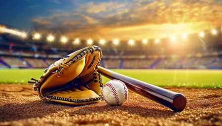 Close-up of a leather baseball glove, baseball ball and wooden baseball bat on a baseball field with blurred stadium in the background. Generative Ai.の素材