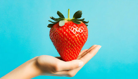 Closeup of a female hand holding a ripe large red strawberry, on a blue background with copy space. Generative Ai.の素材