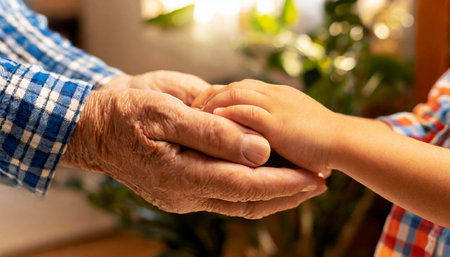 Closeup of grandfather and granddaughter holding hands. Close-up of the hands of a child holding the wrinkled hands of an elderly man. Concept of love, care and comfort. Generative Ai.の素材