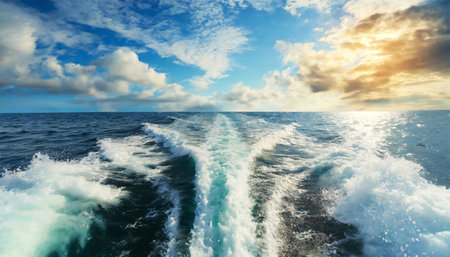 Close-up of the water wake of a speedboat or ship, view from the stern of the boat, sea view with blue sky and clouds on the horizon. Generative Ai.の素材