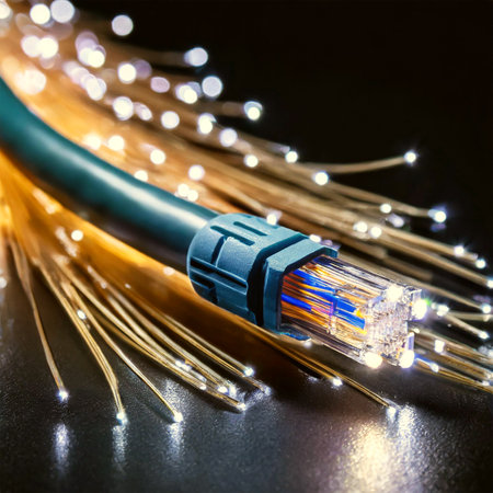 Close-up of a fiber optic data cable with visible glowing wires on a dark background. Data internet technology cable. Generative Ai.の素材