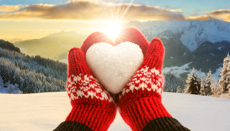 Extreme closeup of female hands (hands cupped) in red knitted mittens holding a heart made of snow against a blurry snowy landscape at sunrise or sunset. Generative Ai.の素材