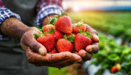Close-up of two wrinkled hands (cupped hands full of fresh strawberries) of a farmer showing the harvest of red ripe strawberries wet with dew. Generative Ai.の素材