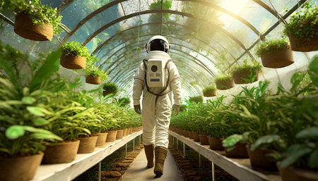 Farmer astronaut walking in a greenhouse full of small green plants, concept of colonization of a new planet for new life outside planet earth. Generative Ai.の素材