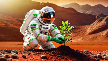 Close-up of a farmer astronaut kneeling on the ground, planting a small green plant on the planet Mars, red planet terraforming concept. Generative Ai.の素材