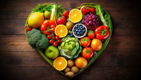 Heart shape made of fruits and vegetables on a wooden table with copy space, cardiovascular health concept. Generative Ai.の素材