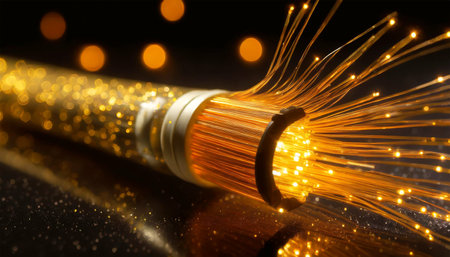 Closeup of a fiber optic data cable with visible glowing wires on a dark background. Data internet technology cable. Generative Ai.の素材