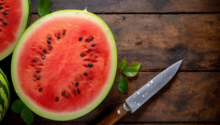 Closeup of a fresh slice of ripe red watermelon on an old wooden table with a knife and copy space. Generative Ai.の素材