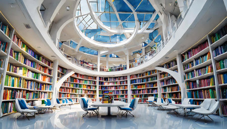 Futuristic and modern white public library. Modern bright library with bookshelves full of multicolored books and space for reading and studying. Generative Ai.の素材