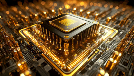 Close-up of a futuristic high-tech cpu central processor unit of a supercomputer, close-up of mother board with selective focus on the main processor. Generative Ai.の素材