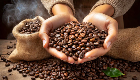 Close-up of two hands (cupped hands full of roasted coffee beans) of a female farmer showing the harvest of a coffee beans, and a burlap sack (jute sack) with roasted coffee beans. Generative Ai.の素材