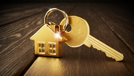 Extreme close-up of a house key with golden house shaped keychain on wooden background with copy space. Generative Ai.の素材
