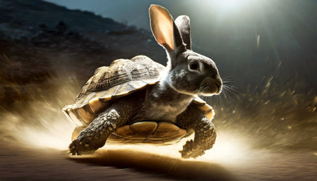 Close-up and bottom view of a fast turtle with head of hare or rabbit running at full speed raising dust as it quickly passes. Generative Ai.の素材