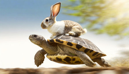 Close-up of a hare or rabbit on the carapace of a fast turtle running at full speed. Turtle carrying a rabbit on its back. Generative Ai.の素材
