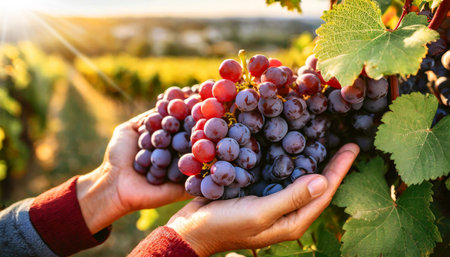 Closeup of a wrinkled hands of a farmer, (cupped hands) touching a bunch of red grapes with green vine leaves. Blurred vineyards in the background. Generative Ai.の素材