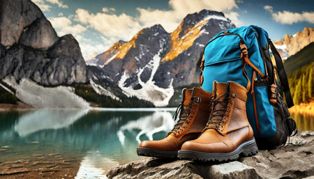 Closeup of a blue and black hiking backpack and brown leather boots on the shore of a mountain lake. Mountain trekking concept. Generative Ai.の素材