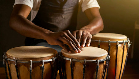 Close-up of a hands of a percussionist while playing wooden bongos. Percussion instrument. Generative Ai.の素材
