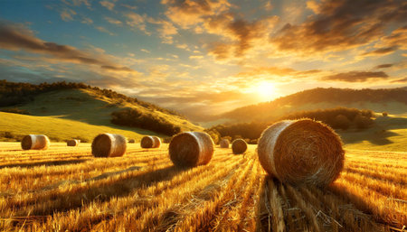Row of hay bales on a golden beautiful landscape at sunset or sunrise. Agricultural field with hills and sky with clouds in the background. Generative Ai.の素材