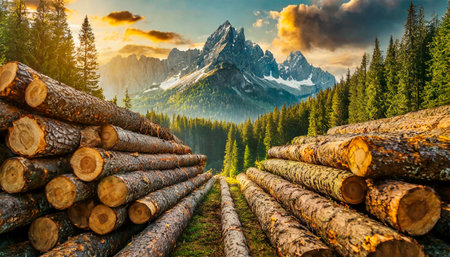 Close-up of a large group of cut and stacked pine logs (tree trunks) with a green forest and a mountain peak on background, mountain landscape. Generative Ai.の素材