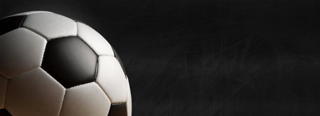 Closeup of an old leather soccer ball isolated on black background with copy space. Generative Ai.の素材