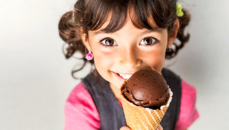 Portrait of a smiling little girl, holding a chocolate ice cream on a white background with copy space. Generative Ai.の素材