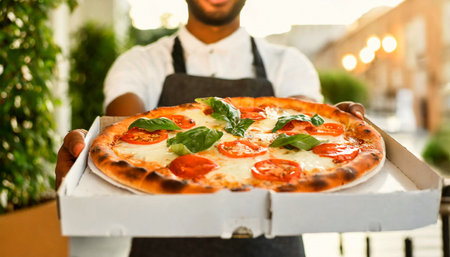 Pizza express delivery concept. Closeup of the hands of a delivery man, holding a Margherita pizza with mozzarella and tomato slices and basil green leaves, in a white cardboard box. Generative Ai.の素材