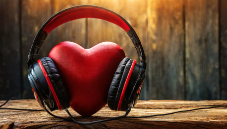 Closeup of a red heart with black and red headphones listens to music on a wooden background with copy space. Generative Ai.の素材