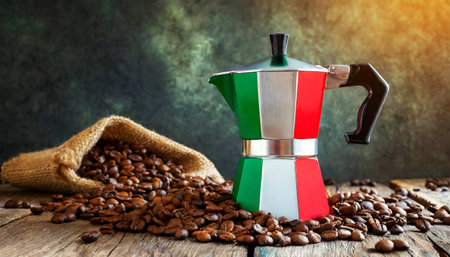 Closeup of a traditional Italian coffee maker (moka or mocha) with the colors of the Italian flag on a wooden table with many roasted coffee beans and copy space. Horizontal composition. Generative Ai.の素材
