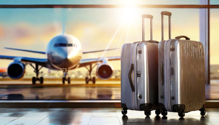 Closeup of two suitcases ready in front of a window at the airport terminal and waiting airplane on the runway outside at sunset or sunrise. Air travel concept. Generative Ai.の素材