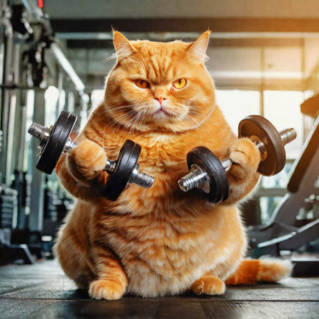 Close-up of an obese and overweight orange cat lifting weights in order to lose weight in a gym. Biceps workout. Obesity, weightlifting and health care concept. Generative Ai.の素材