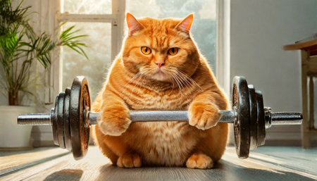 Close-up of an obese and overweight orange cat lifting weights in order to lose weight in a gym. Biceps workout. Obesity, weightlifting and health care concept. Generative Ai.の素材