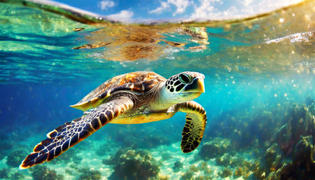 Close-up of a sea turtle swimming under the ocean surface, side and front view, clear sky on background. Generative Ai.の素材