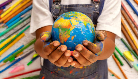 Close-up of a little girl with paint on her hands holding a handmade world globe, planet earth. Generative Ai.の素材