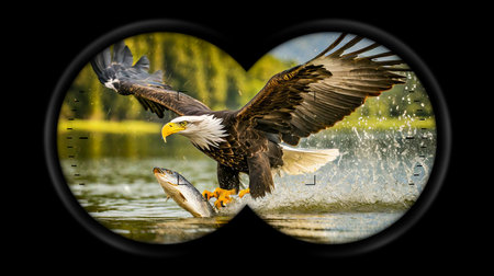 Binoculars viewpoint with an American bald eagle flying with spread wings and catching a fish with water splashes of a mountain lake. Generative Ai.の素材
