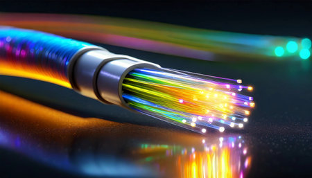 Closeup of a fiber optic data cable with visible glowing wires on a dark background. Data internet technology cable. Generative Ai.の素材