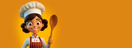 3D cartoon character of a female chef, holding a wooden spoon, looking at camera. On a yellow and orange background with copy space. Generative Ai.の素材