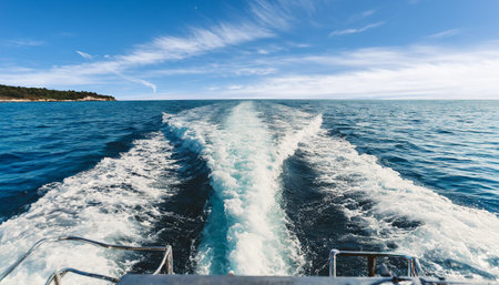 Close-up of the water wake of a speedboat or ship, view from the stern of the boat, sea view with blue sky and clouds on the horizon. Generative Ai.の素材