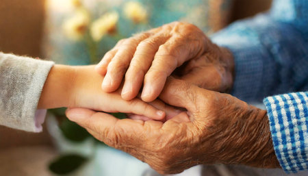 Closeup of grandfather and granddaughter holding hands. Close-up of the hands of a child holding the wrinkled hands of an elderly man. Concept of love, care and comfort. Generative Ai.の素材