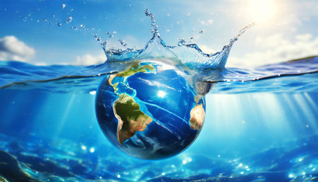 Close-up of a sinking earth globe with splashes in transparent sea water, in the background clear sky with white clouds and sunlight. Generative Ai.の素材