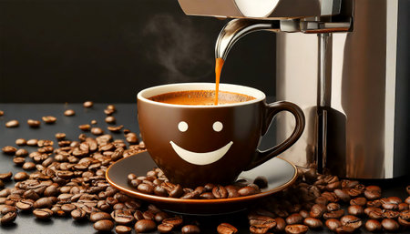 Closeup of a modern espresso machine pouring coffee into a brown cup with a smiling face, on a black table with many roasted coffee beans. Generative Ai.の素材