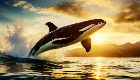 Closeup of a killer orca whale jumping out of the water with splashes in the sea at sunset or sunrise. Generative Ai.の素材