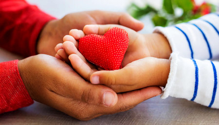 Closeup of grandfather and granddaughter holding hands and holding a red heart. Cupped hands of an adult and a child holding a red fabric heart. Concept of love, care and comfort. Generative Ai.の素材