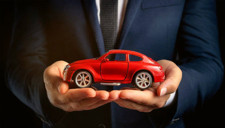 Closeup of hands of a businessman (salesman) in formal clothing, holding a red miniature car on a dark background. Generative Ai.の素材