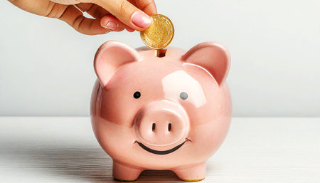 Close-up of a female hand inserting one golden coin into the piggy bank, on a white wooden desk or table and white background with copy space. Generative Ai.の素材