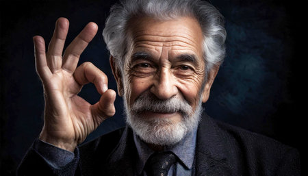 An elderly man with a mustache, beard and gray hair, makes the ok sign with his wrinkled hand while, looking at the camera. On dark background with dramatic light. Generative Ai.の素材