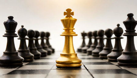 Closeup of a golden chess king standing in front of other black chess pieces. Standing out from the crowd; success and Goal concept. Generative Ai.の素材