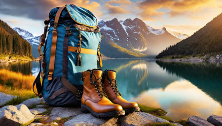 Closeup of a blue and black hiking backpack and brown leather boots on the shore of a mountain lake. Mountain trekking concept. Generative Ai.の素材