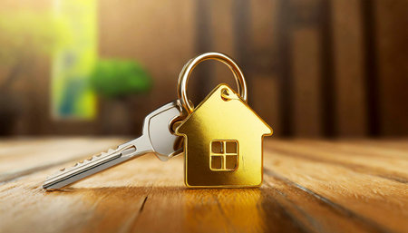 Extreme close-up of a house key with golden house shaped keychain on wooden background with copy space. Generative Ai.の素材