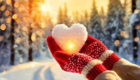 Extreme closeup of female hands (hands cupped) in red knitted mittens holding a heart made of snow against a blurry snowy landscape at sunrise or sunset. Generative Ai.の素材