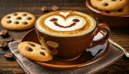 Closeup of a brown cup of cappuccino, coffee or hot chocolate with smiling face on a wooden table with chocolate chip cookies. Breakfast concept. Generative Ai.の素材